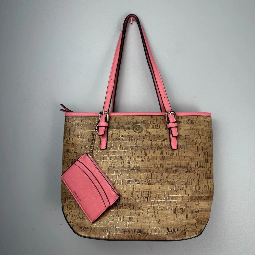 Anne Klein Tote Bag Women's Brown Faux Cork Attached Wallet Key Shoulder Strap